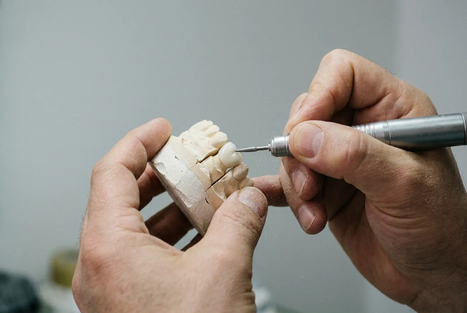 Manos de protésico dental puliendo una corona de cerámica sobre el modelo de escayola